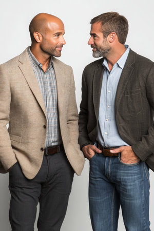 Two Businessmen in Smart Casual Attire Engage in Earnest Conversation, Studio Portraitの素材