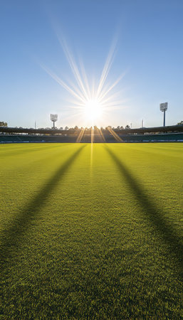 Empty Sports Stadium Field With Sunrays, Green Grass, Shadows Of Goalposts, Blue Sky On Sunny Dayの素材