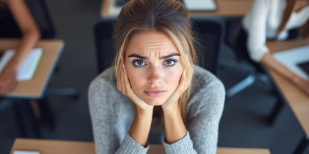 Stressed Student With Worried Expression During Exam, Feeling Overwhelmed and Anxiousの素材