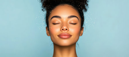 Beautiful Young Black Woman with Eyes Closed and Shimmering Particles on a Blue Backgroundの素材