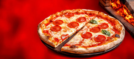 Tasty Pepperoni Pizza Slice On Wooden Board In Front Of Stone Oven On Defocused Red Backgroundの素材