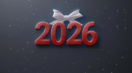 Red 2026 Numbers with White Festive Bow on a Dark Blue Background. Perfect for New Year Designs.の素材