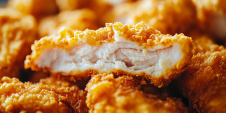 Closeup, Golden Brown, Fried Chicken collage Crispy Texture and Juicy Meat Highlighted.の素材