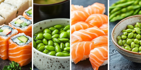 Collage of Delicious Japanese Food Fresh Sushi, Sashimi, Edamame Beans, and Miso Soupの素材