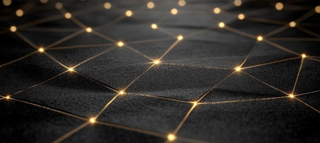 Abstract Pattern of Glowing Golden Dots Connected by Lines on a Dark Textured Backgroundの素材