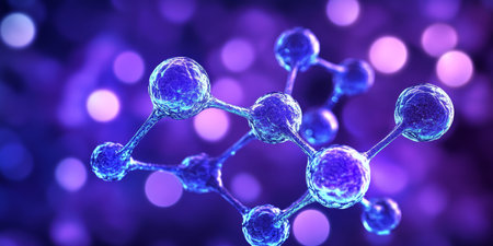 Abstract Background With Interconnected Nodes, Lines, Bokeh Circles In Blue, Purple Spectrumの素材