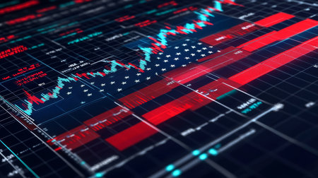 American Financial Market, United States Flag and Stock Chart, Patriotic Business Conceptの素材