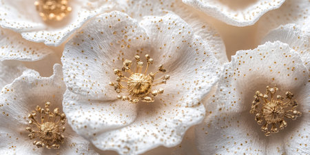 Elegant White Clay Floral Arrangement with Small Gold Centers, Textured Petals on White Backgroundの素材
