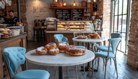 Charming Cafe Interior, Blurred Tables, Delicious Pastries, Warm Lighting, Window View, Copy Space.の素材