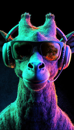 Neon Party Animal Psychedelic Giraffe DJ In Headphones And Stylish Sunglasses Isolatedの素材