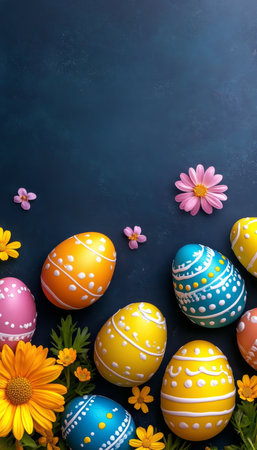 Brightly Colored Easter Eggs with Spring Flowers Arranged on a Dark Blue Background with Copy Spaceの素材