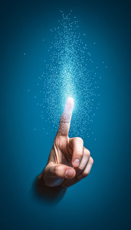 Fingertip Touching Glowing Digital Web, Representing Connection, Innovation, and Technology Conceptの素材