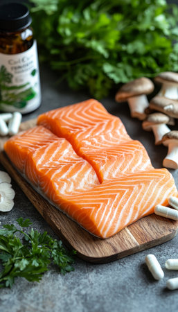 Fresh Salmon Fillet, Omega-3 Capsules, and Mushrooms A Healthy Eating and Nutrition Conceptの素材