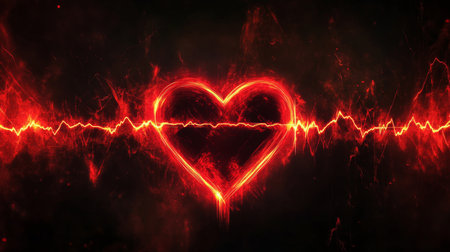 Fiery Neon Red Heartbeat Line on a Dark Background, Abstract Cardiology or Love Conceptの素材