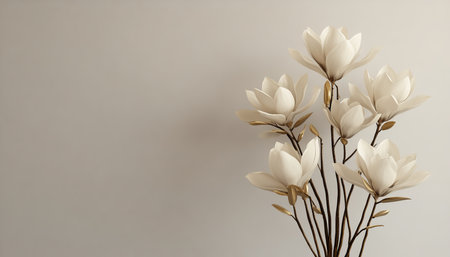 Elegant White Flowers with Golden Accents on White Background, Minimalist Floral Arrangementの素材