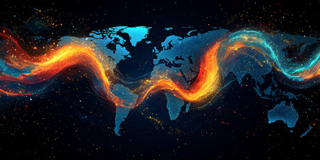 Global Stock Market Trends Abstract Vector Graphic of Blue and Orange Candlesticks on World Mapの素材