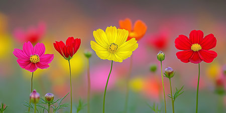Colorful Cosmos Flowers Field in Spring Season on Blurred Background, Nature Backgroundの素材