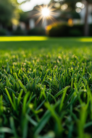 Vibrant Green Grass Blades Close Up, Blurred Background, Sunny Summer Day With Sunlight Flareの素材