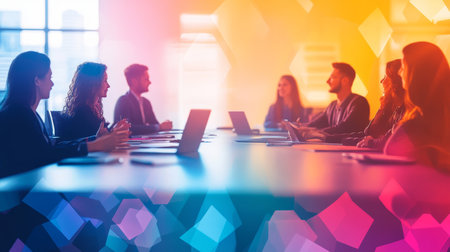Business Meeting Collaboration, Teamwork in Abstract Office with Colorful Geometric Design.の素材