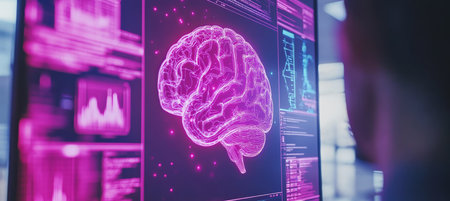 3D Brain Illustration on a Digital Display, Technology Background with Glowing. Digital Hologramの素材