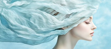 Ethereal Beauty. Woman Profile with Flowing Blue Fabric, Abstract Portrait, Dreamlike Atmosphereの素材