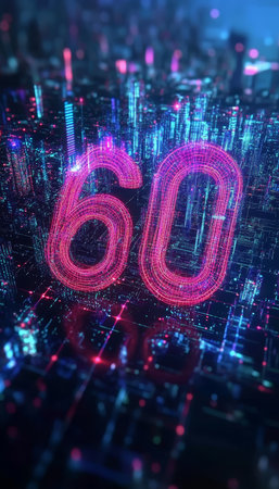 Glowing Digital Number 60 in Futuristic Cyberpunk Style on Abstract Technology Backgroundの素材