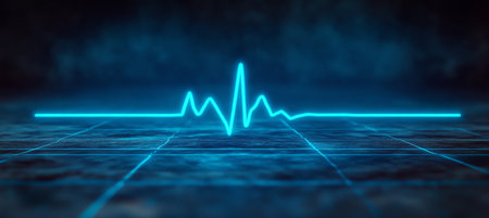 Neon Blue EKG Heartbeat Line Flatlining on a Dark Grid Background, Minimalist Healthcare Conceptの素材