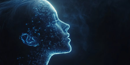 Abstract Female Profile Formed by Glowing Blue Circuitry and Binary Code on a Dark Backgroundの素材