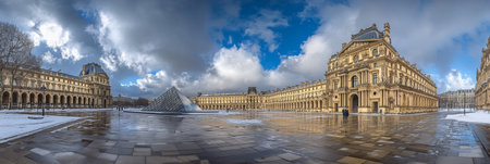 Historic Architecture of The Louvre Museum in Paris with Snowy Courtyard on a Cloudy Dayの素材