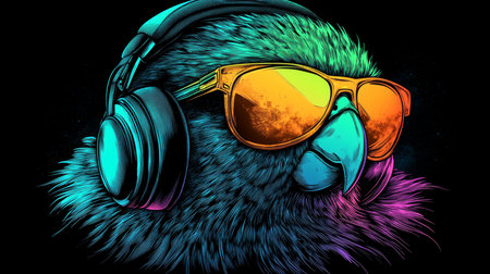 Neon Party Parrot DJ Cool Bird with Headphones and Sunglasses Isolated on Black Backgroundの素材