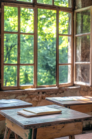 Vintage School Desks by Bright Window, Nostalgic Classroom Atmosphere, Education Conceptの素材