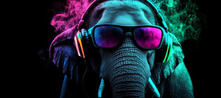 Elephatic Beats Neon Cool DJ elephant With Heaphones and Stylish Sunglasses In a Clubの素材