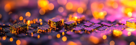 Abstract 3D Cityscape with Illuminated Network, Circuit Technology, Blockchain Concept.,の素材