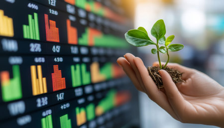 Sustainable Investment. Hand Holding a Small Plant with Stock Chart Ticker Screen Background.の素材