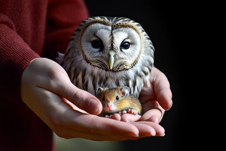 Owl and Vole Symbol of Wildlife Harmony. Predator and Prey in a Moment of Unexpected Peace.の素材