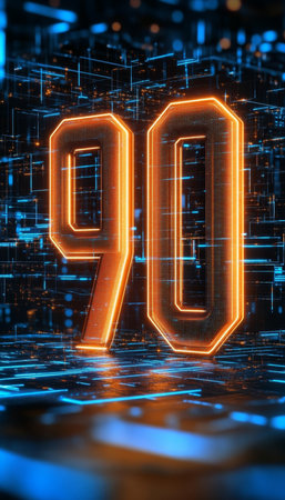 Glowing Orange 3D Number 90 on Futuristic Digital Abstract Background, Technology Concept.の素材