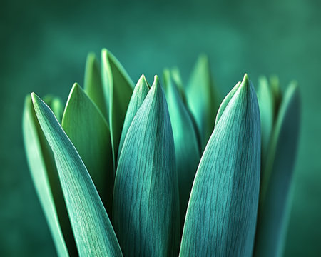 Close-Up, Elongated Green Leaves, Subtle Hues, Dewy Texture, Diffuse Light, Sharp Detailsの素材