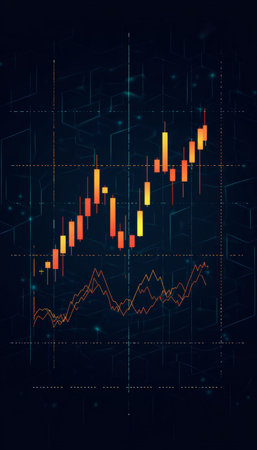 Financial Data Chart, Upward Trending Candle Sticks, Vector Illustration on Dark Blue Background.の素材
