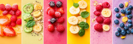 Six Colorful Vegan Smoothies With Fruit, Berries, Seeds and Nuts on Vibrant Backgroundsの素材