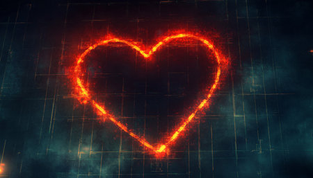 Glowing Red Heart Shape on a Dark Digital Background with Illuminated Grid, Passion and Love Conceptの素材
