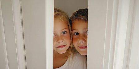 Two Playful Children, A Boy And A Girl, Peeking From Behind A White Wall With Curious Expressions.の素材