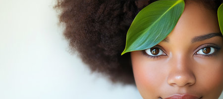 Close-up, Beauty Portrait Young Woman s Eye Peeking from Behind a Vibrant Green Leafの素材