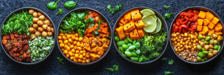 Four Vegan Bowls With Chickpeas, Tofu, Spinach, Grains And Vegetables. Healthy Food Concept.の素材
