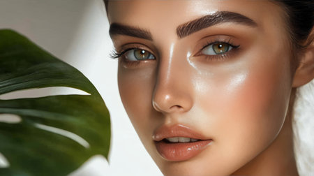 Beautiful Young Woman With Perfect Skin And Natural Makeup, Tropical Green Leaf Framing Her Faceの素材