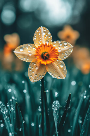Dew-Kissed Daffodil, Single Yellow Bloom in Springtime, Macro Floral Photography, Nature Backgroundの素材