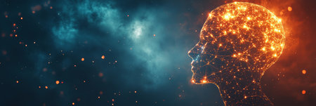 Digital Consciousness. Network of connections in a human head profile on a cosmic background.の素材