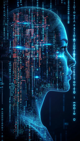 Digital Mind Profile of a Human Head Formed by Circuit Boards and Binary Code on a Blue Backgroundの素材