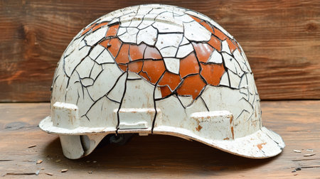 Cracked Hard Hat On Wooden Surface, Construction Safety Hazards And Work Accidents Conceptの素材