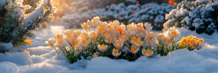 Spring s First Bloom. Crocus Flowers Emerge from Melting Snow in Garden, Sunlight on Petalsの素材