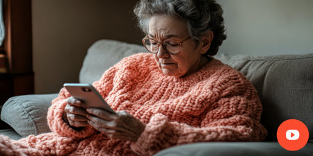 Concerned Senior Woman Reviews Content on Her Smartphone, Browsing Social Media at Home.の素材